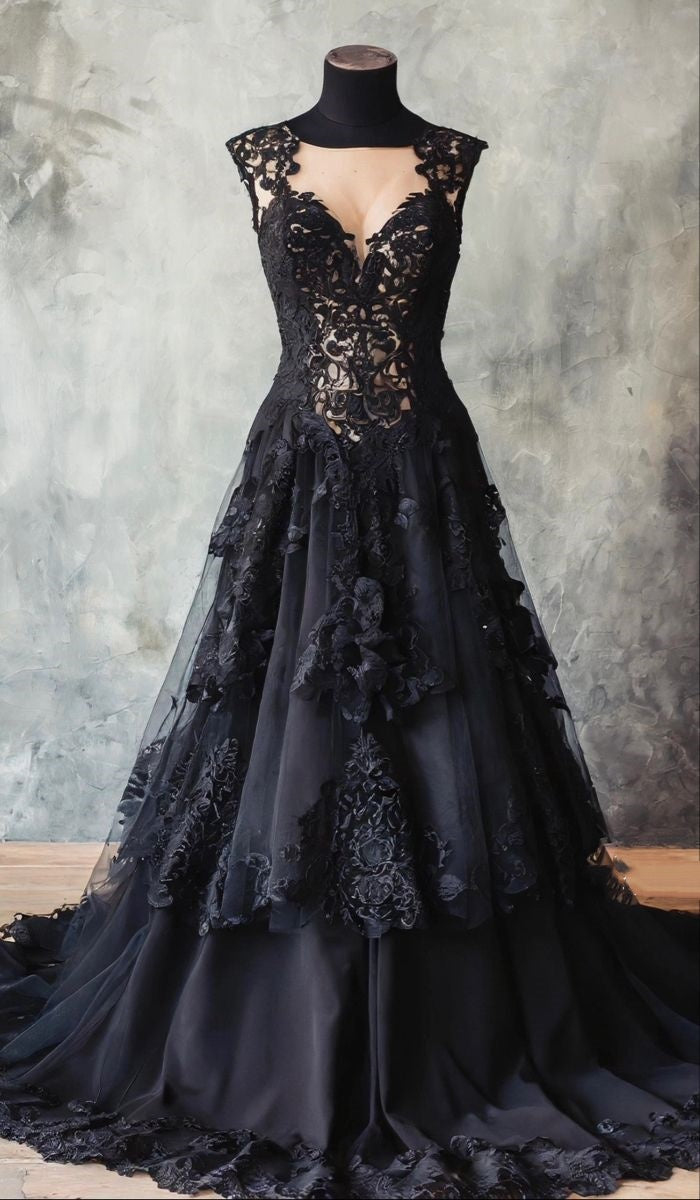 Gothic-Luxus-Abendkleid mit tiefem V-Ausschnitt | Schwarzes Maxikleid aus Spitze mit 3D-Blumenapplikationen und Schleppe für Retro-Mottopartys und exklusive Dinnerpartys NV6282