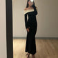 Black solid contrast off-the-shoulder one-step skirt ball gown evening dress nv1939