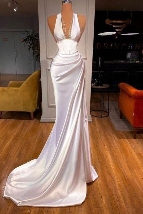 White Mermaid Strapless Front Slit Ball Gown Evening Dress with Ruffles nv1848