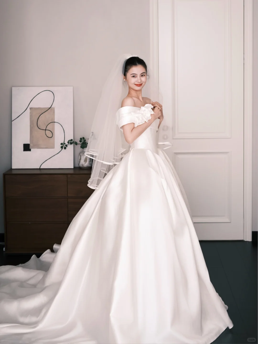 Satin Ball Gown Wedding Dress Off The Shoulder 3D Floral Bridal Gown with Train  NV7240