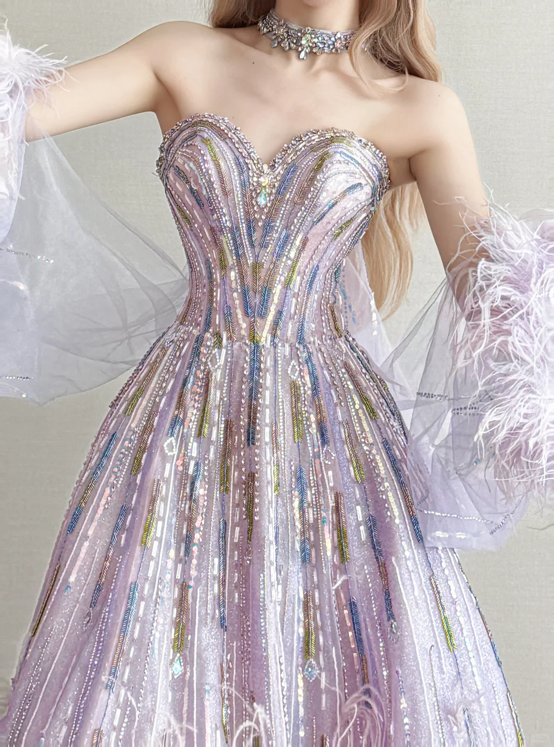 Ombre Pink Purple Feather Prom Gown Strapless Sweetheart Rhinestone Formal Dress  NV7164