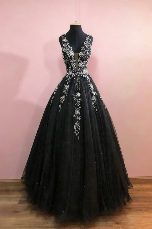 Black Tulle Beaded Deep V Gown - Spaghetti Strap Glitter Ballgown Evening/Ball/Red Carpet Maxi Dress NV6802