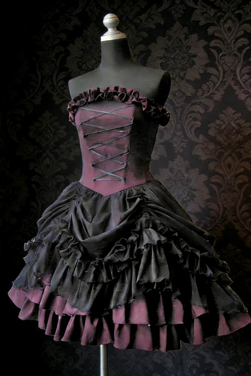 Black-Purple Contrast Strapless Mini Dress - Lace-Up Corset Multi-Ruffle Party/Theme Date Dress NV6806