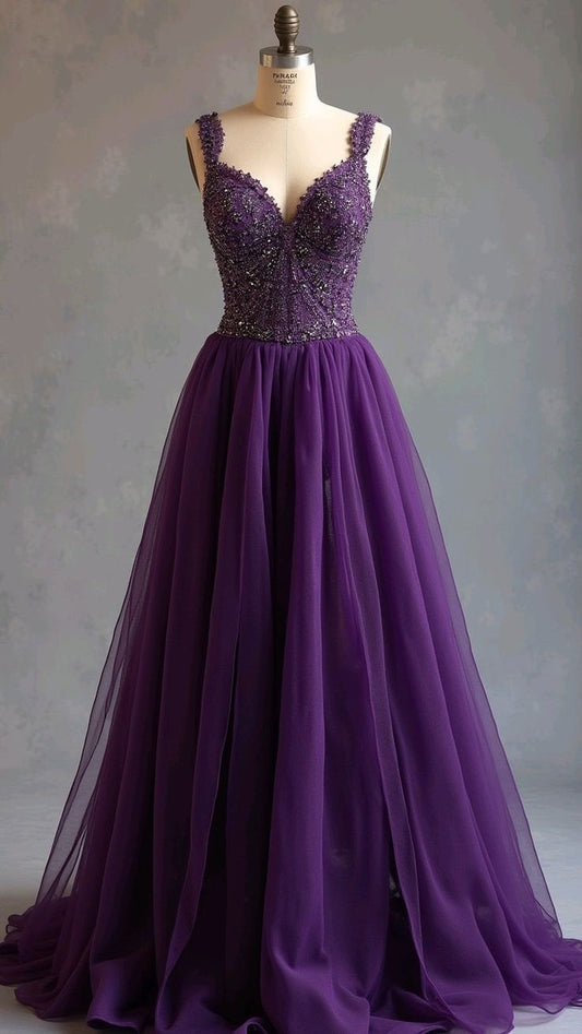 Elegantes, lilafarbenes Spaghettiträger-Abendkleid mit tiefem V-Ausschnitt | Lilafarbenes, perlenbesetztes Tüll-Ballkleid mit Schleppe für Galas, Verlobungen und exklusive gesellschaftliche Anlässe NV6289