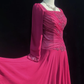 Square Neck Magenta Vintage Midi Prom Dress Long Sleeve Chiffon Lace Floral Appliques Beaded Formal Gown  NV6902