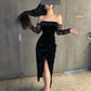 Black retro simple elegant velvet with tulle long sleeves long ball gown evening dress party gift nv2595