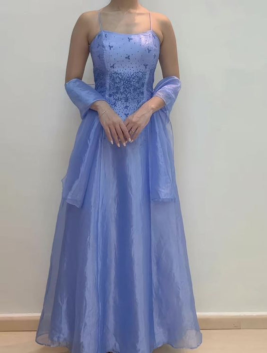 Blue Spaghetti Strap Beaded Tulle Long Ball Gown Evening Dress with Tulle Cape nv2809