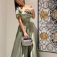 Green A-line elegant short sleeve off-shoulder satin pleated dress formal floor-length ball gown evening gown party dress nv2466