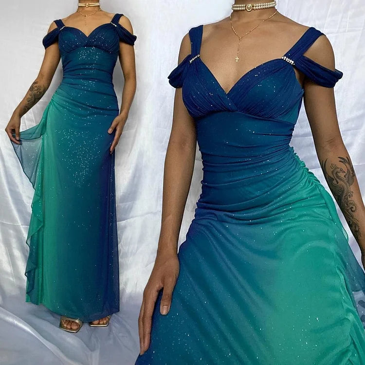 Blue shiny fashion gradient elegant spaghetti straps long chiffon elegant ball gown evening dress party dress nv3682