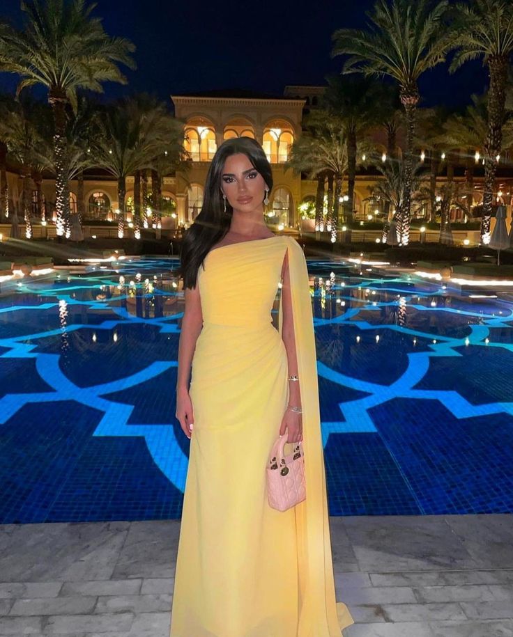 Yellow one shoulder tulle long ball gown formal seaside pool party dress evening gown nv1843