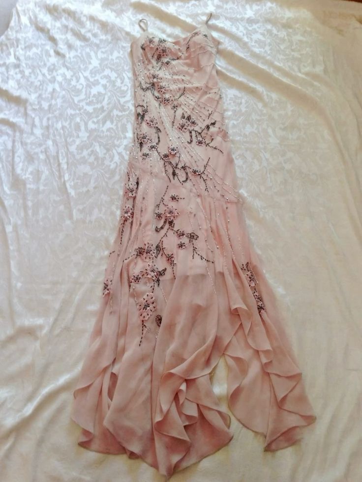 NiceVestidos--Vintage Nude Pink Hand-Beaded Ruffled Spaghetti Strap Long Gown NV5911