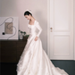 Square Neck Long Sleeve Satin A Line Wedding Gown with Floral Appliques  NV7346