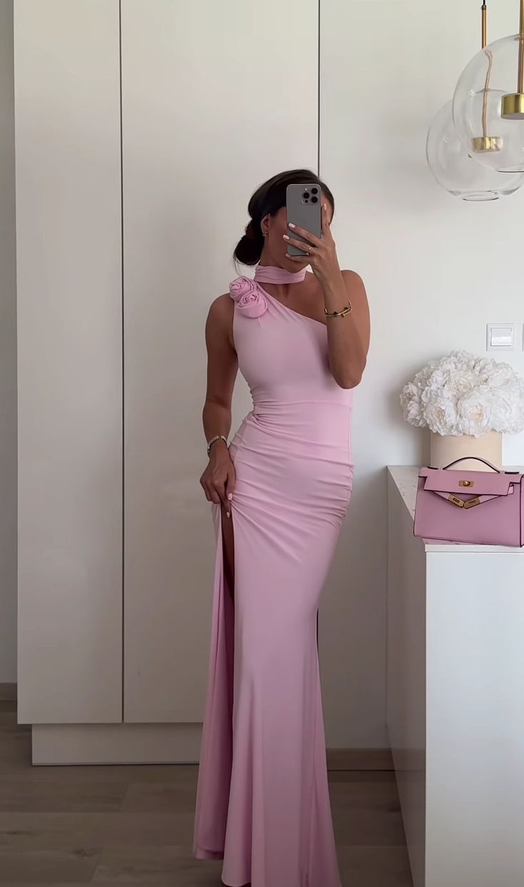 Pink one-shoulder three-dimensional rose decoration slim long slit ball gown evening dress nv2964