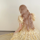 Pale Yellow Puff Sleeve 3D Floral Tulle A-Line Prom Gown  NV7183