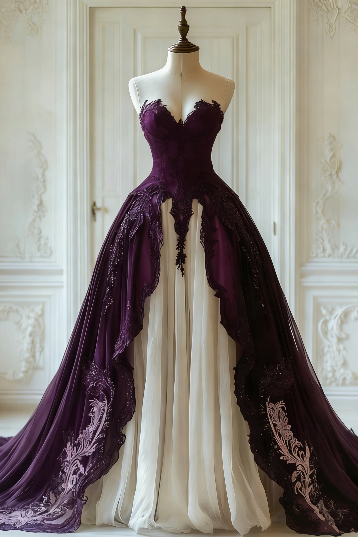 Robe gothique longue en tulle et dentelle noire et blanche à empiècements et manches papillon, modèle NV6172