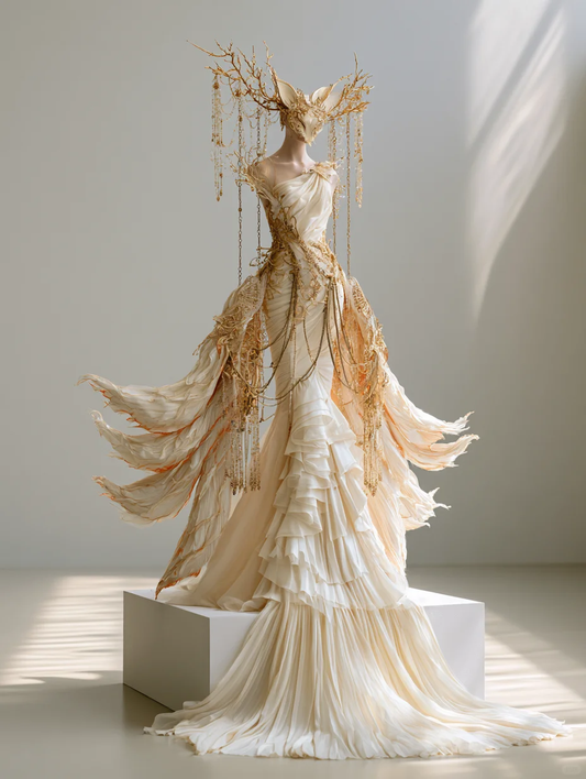 Ivory One Shoulder Gold Embellished Ruffled Chiffon Mermaid Gown  NV7472