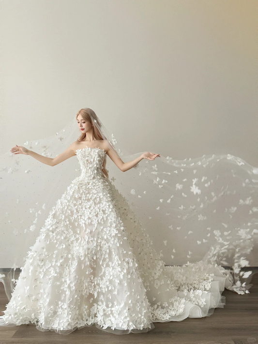 White 3D Floral Strapless Ball Gown Wedding Dress Cathedral Train  NV7134