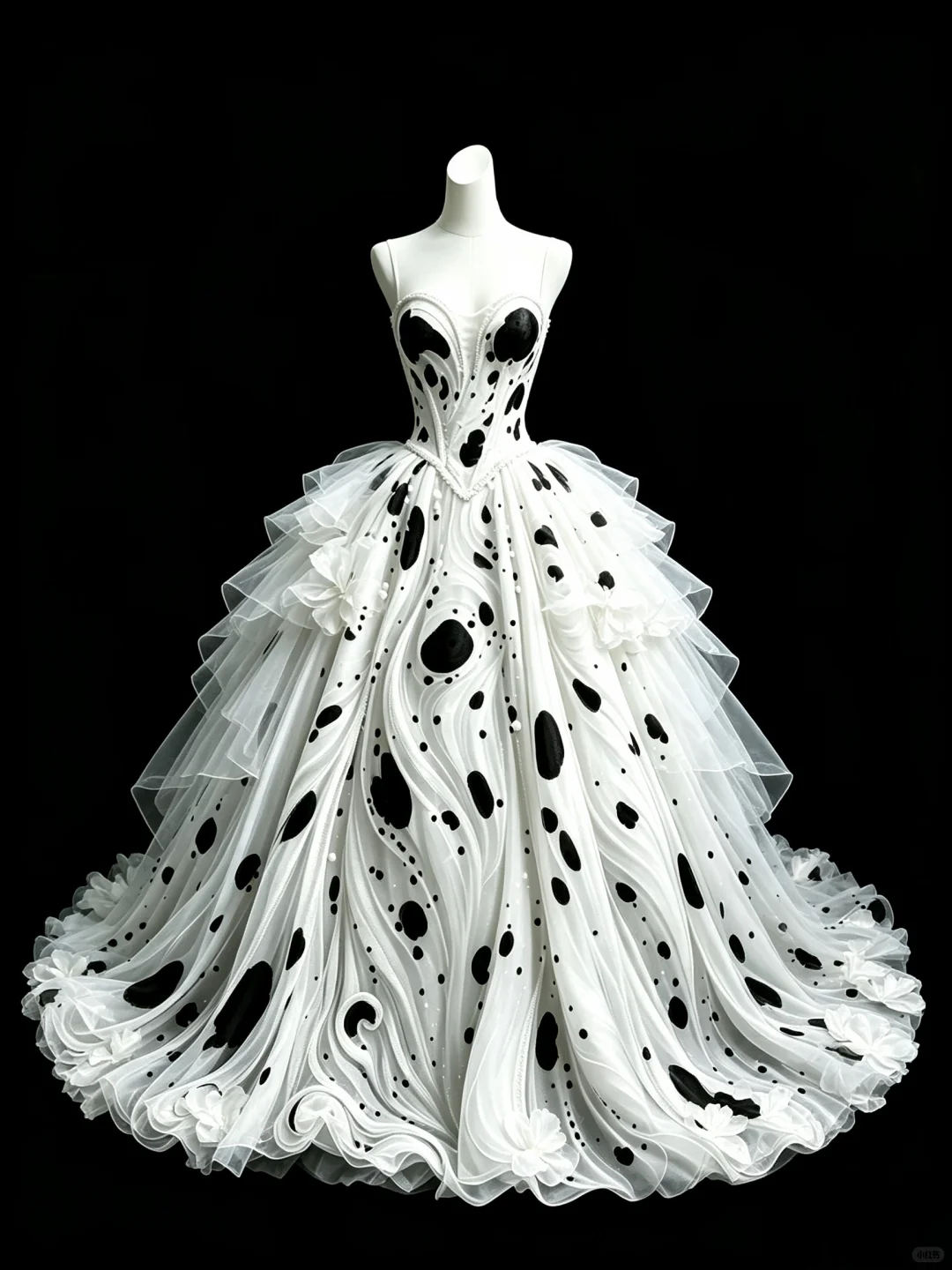 White Ball Gown with Abstract Black Spot Print, Strapless Sweetheart 3D Flower Tulle Evening Dress  NV7457