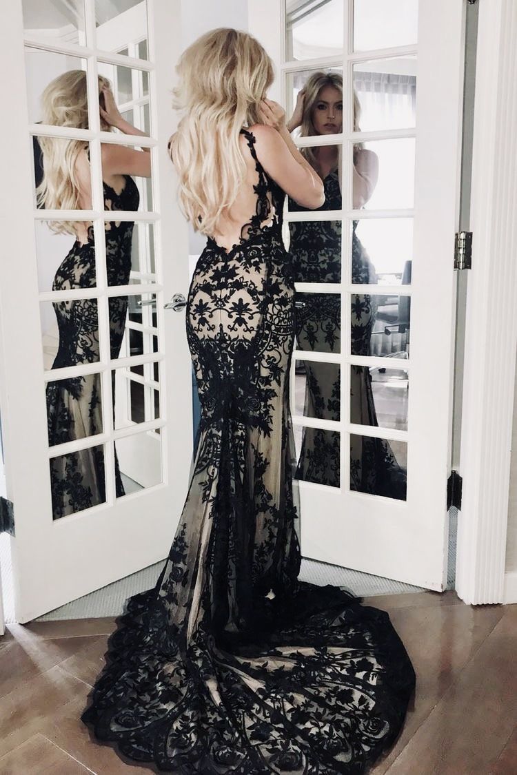 Wedding Dress Sexy Gothic Style Spaghetti Strap Lace Gown | Black Tulle x Nude Mermaid Train Maxi Dress for Gala Party Red Carpet Retro Theme Event NV6264