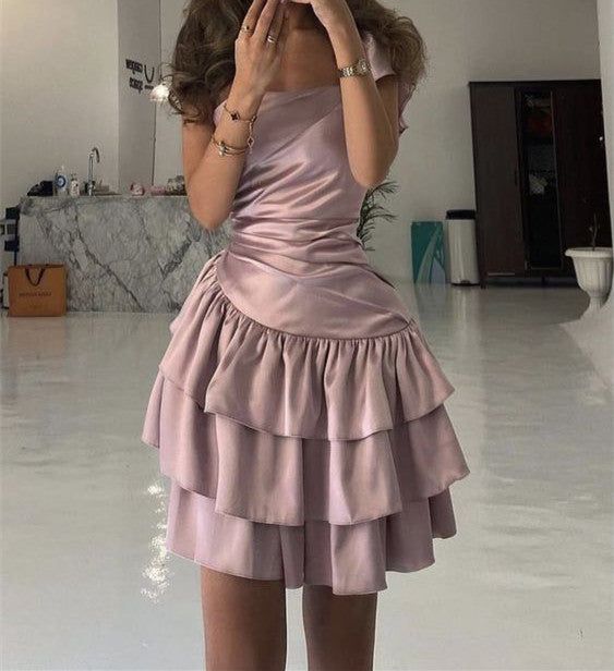 Pink A-line Off-shoulder Satin Short Homecoming Dress Birthday Dress Party Dress nv2402