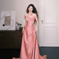 Strapless Cowl Neck Dusty Pink Satin Evening Dress with 3D Flower  NV7358