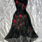 Black vintage fashion exquisite red floral beaded spaghetti straps long chiffon ball gown evening dress party dress nv3588