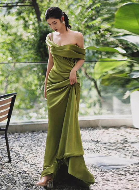 Green Soft Satin Long Party Dress, Green Satin Evening Dress Prom Dress nv1741