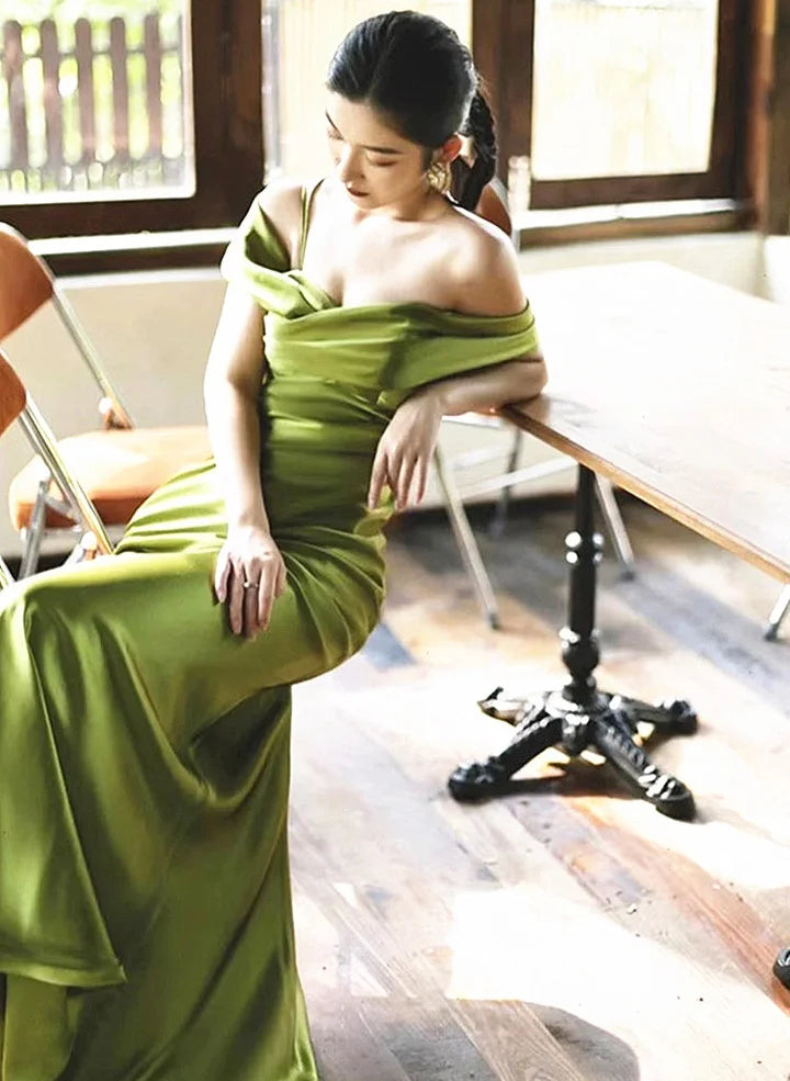 Green Soft Satin Long Party Dress, Green Satin Evening Dress Prom Dress nv1741