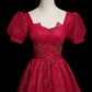Burgundy Beaded Short Sleeve A-Line Party Dress Tulle Long Prom Dress Evening Dress nv4280