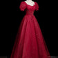 Burgundy Beaded Short Sleeve A-Line Party Dress Tulle Long Prom Dress Evening Dress nv4280