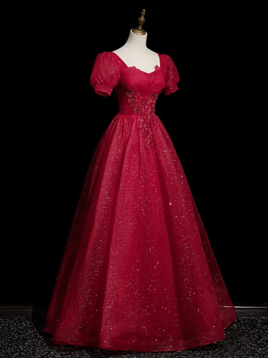 Burgundy Beaded Short Sleeve A-Line Party Dress Tulle Long Prom Dress Evening Dress nv4280