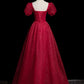 Burgundy Beaded Short Sleeve A-Line Party Dress Tulle Long Prom Dress Evening Dress nv4280