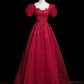 Burgundy Beaded Short Sleeve A-Line Party Dress Tulle Long Prom Dress Evening Dress nv4280
