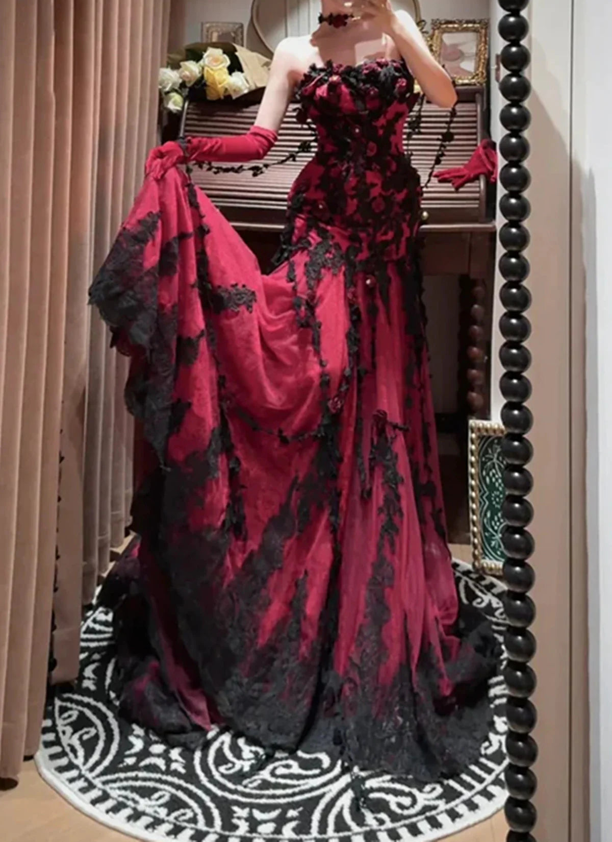 NiceVestidos-Red-Black Lace 3D Floral Sleeveless Floor-Length Gothic Gown NV6189