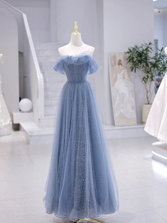 Blue Strapless Tulle Long Prom Dress, Blue A-Line Evening Dress nv1431