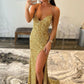 Mermaid V-Neck Sequins Long Prom Dress, Backless Evening Dress with Slit nv1447