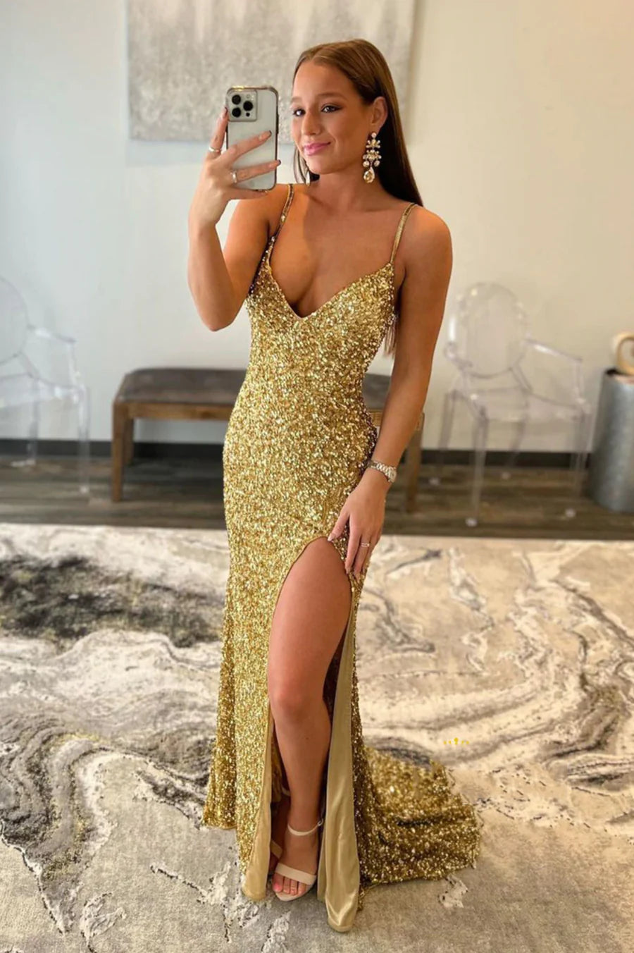 Mermaid V-Neck Sequins Long Prom Dress, Backless Evening Dress with Slit nv1447