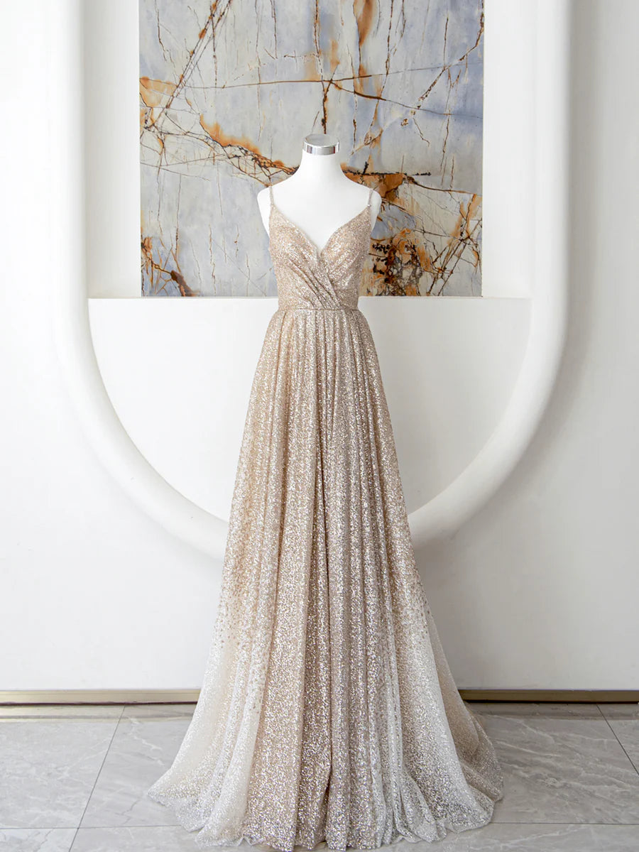 Champagne Spaghetti Strap Sequins Long Prom Dress, Shiny V-Neck Evening Dress nv1434
