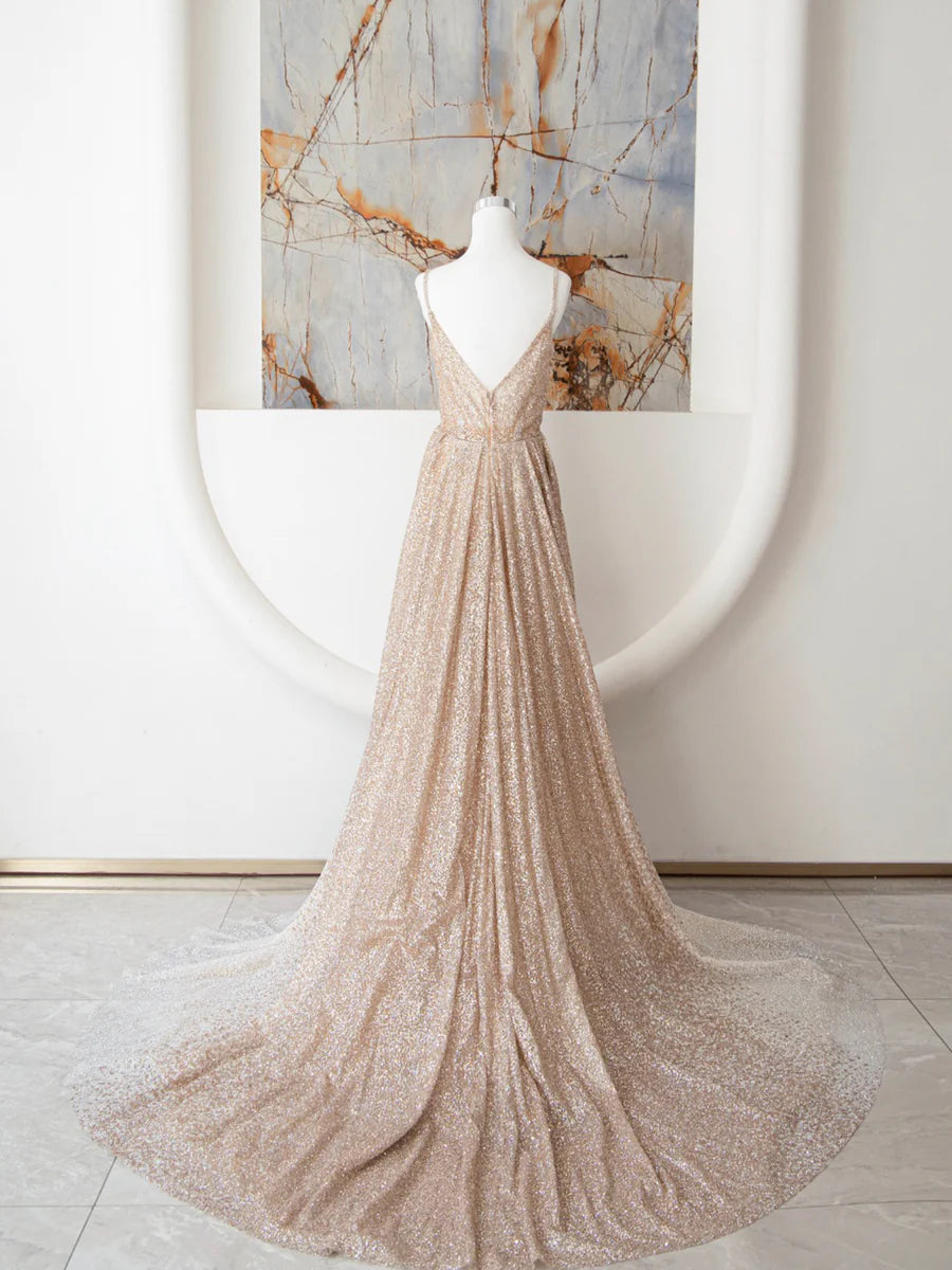 Champagne Spaghetti Strap Sequins Long Prom Dress, Shiny V-Neck Evening Dress nv1434