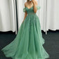 A-Line Off Shoulder Tulle Green Long Prom Dress, Green Lace Long Formal Dress nv1490