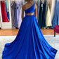 Blue Satin Long Prom Dresses, One Shoulder Evening Dresses nv1458