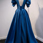 Blue V-Neck Satin Long Prom Dresses, A-Line Blue Evening Dresses nv1460