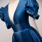 Blue V-Neck Satin Long Prom Dresses, A-Line Blue Evening Dresses nv1460