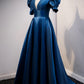 Blue V-Neck Satin Long Prom Dresses, A-Line Blue Evening Dresses nv1460