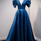Blue V-Neck Satin Long Prom Dresses, A-Line Blue Evening Dresses nv1460