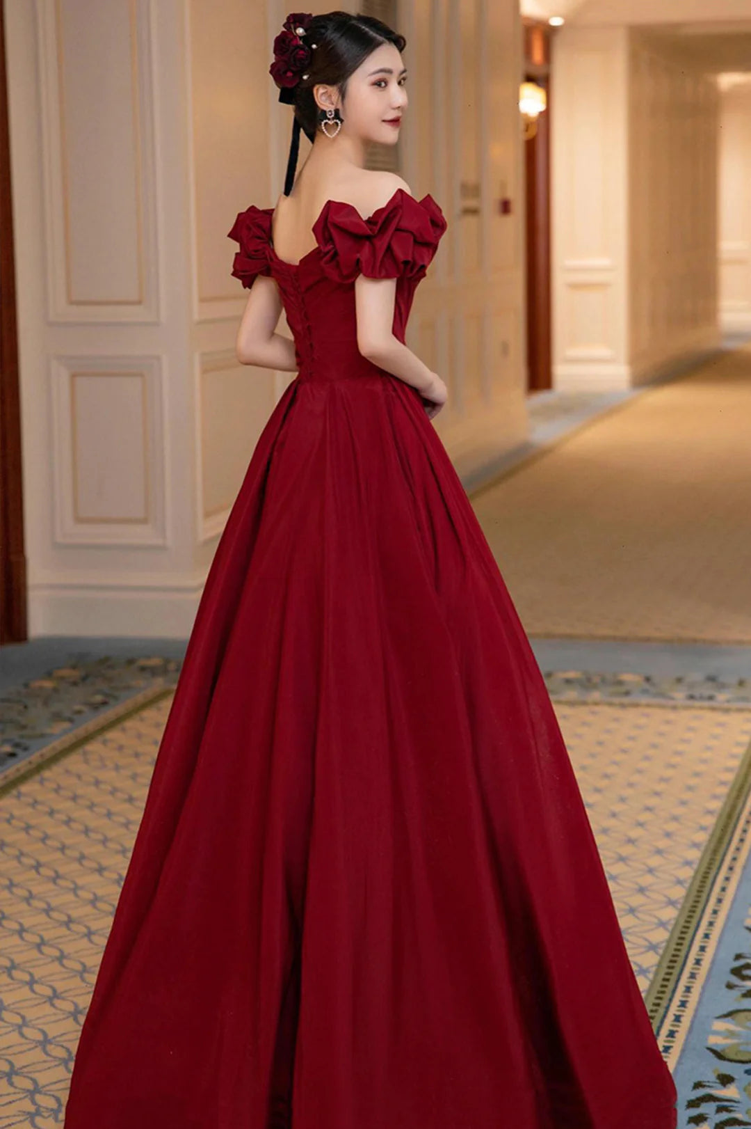 Burgundy short sleeve sweetheart neckline elegant A-line long satin ball gown evening dress nv3211