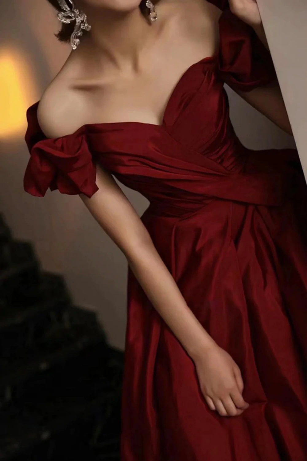 Burgundy short sleeve sweetheart neckline elegant A-line long satin ball gown evening dress nv3211