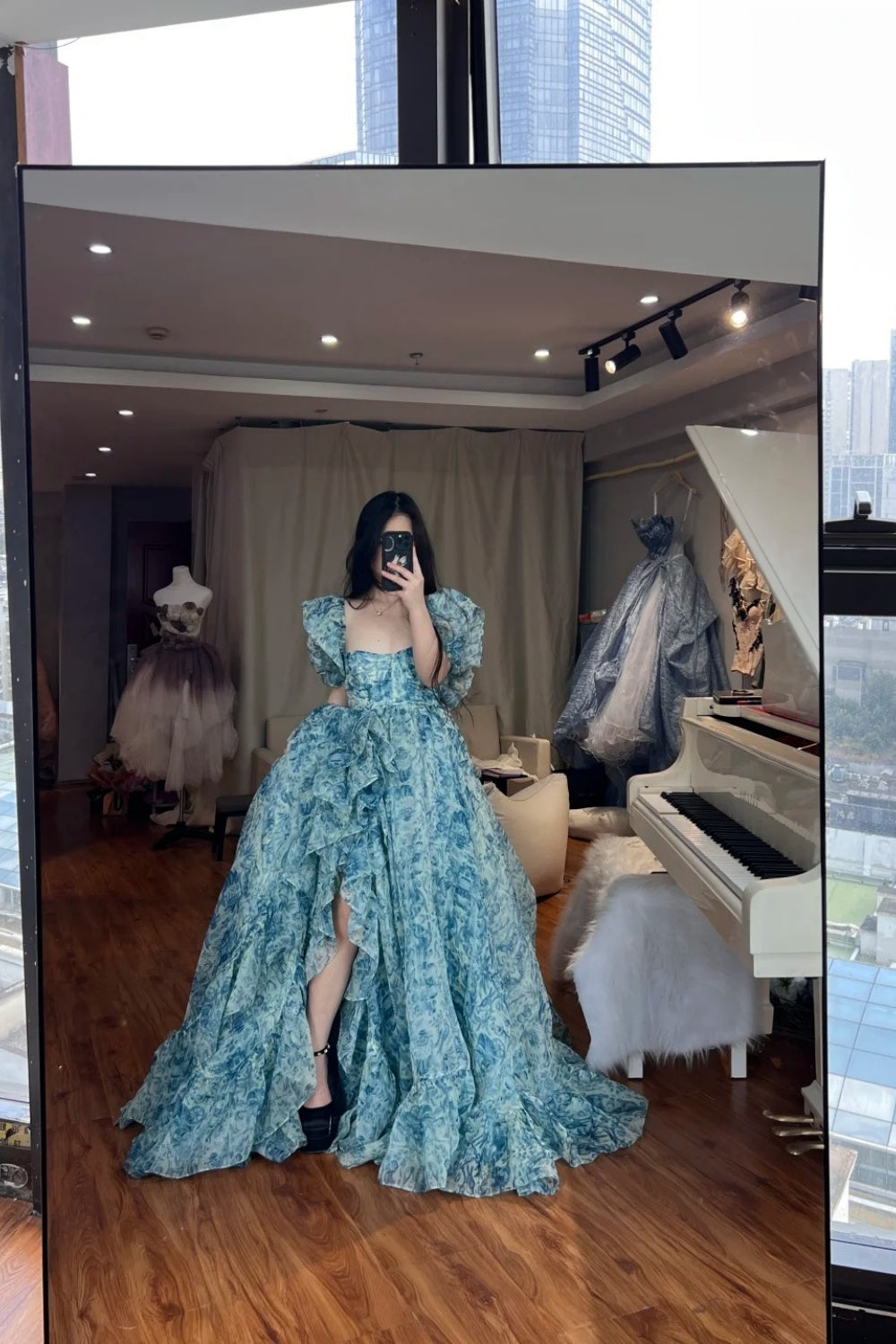 Blue floral long tulle dress NV6652