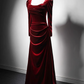 Burgundy Long Sleeve Velvet Long A-Line Ball Gown Wedding Party Dress Evening Gown nv2154