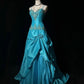 Blue Sweetheart Neck Applique A-Line Spaghetti Straps Satin Beaded Long Ball Gown Evening Dress nv3762